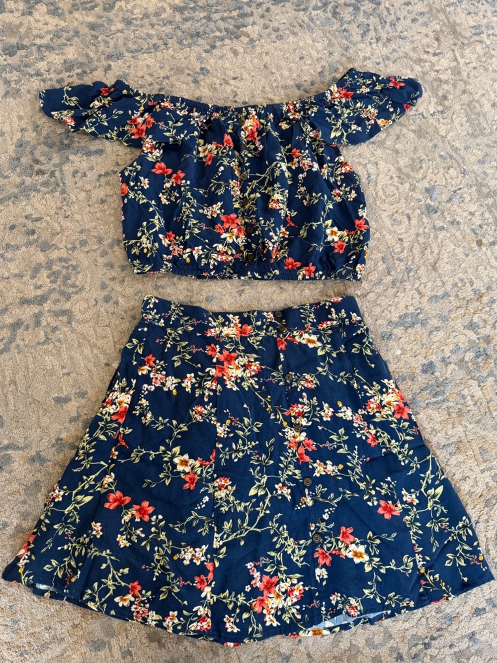 Xhilaration Navy Blue Floral Off-Shoulder Mini Dress Set